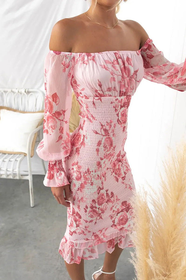 Shine Bright Floral Off Shoulder Smocked Waist Midi Dress | Consonak