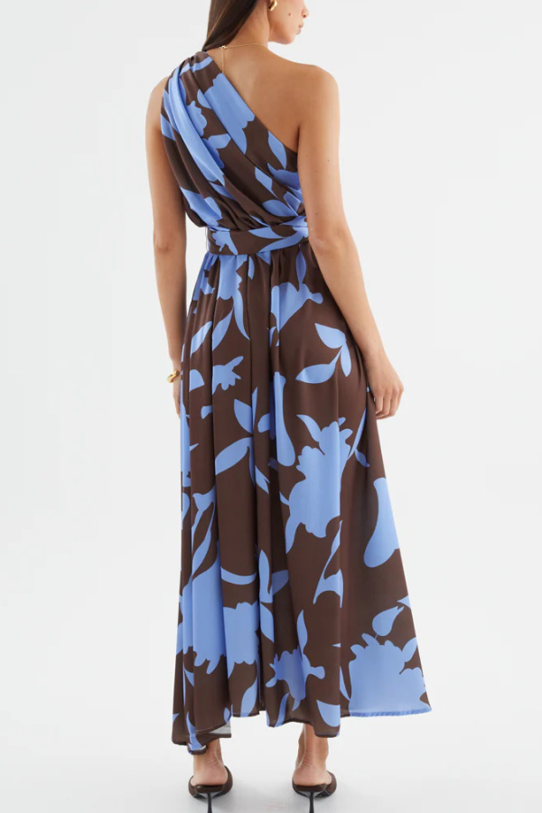 Unique Printed One-Shoulder Belt Casual Holiday Maxi Dress