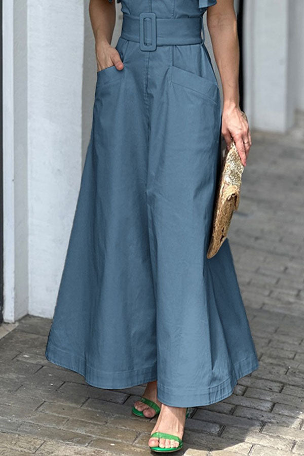 Solid Ruffle Sleeve V Neck High Waist Pocket Maxi Dress-consonak