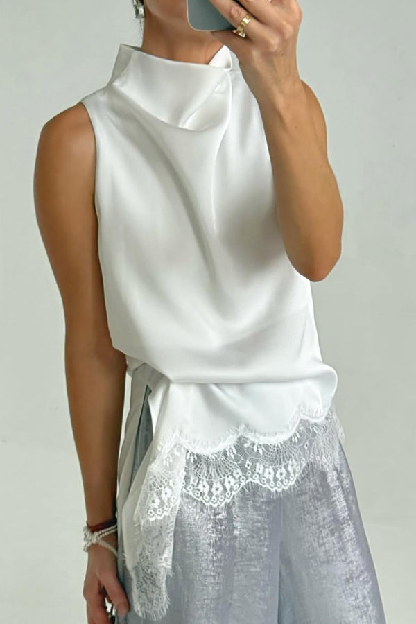 Solid Color Satin Spliced lace Sleeveless Irregular Casual Top