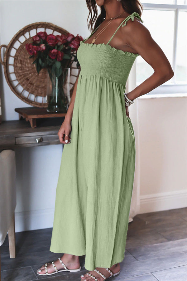 Elegant Solid Color High Waist Linen Blend Suspender Pleated Jumpsuit-consonak