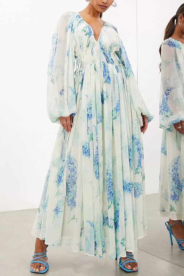 Headed To The Ocean Chiffon Floral Drawstring Waist Maxi Dresses-consonak