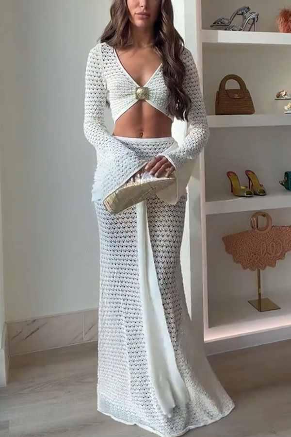Mania Knit Hardware Detail Bell Sleeve Crop Top and Gathered Overlay Sash Stretch Maxi Skirt Set-Consonak
