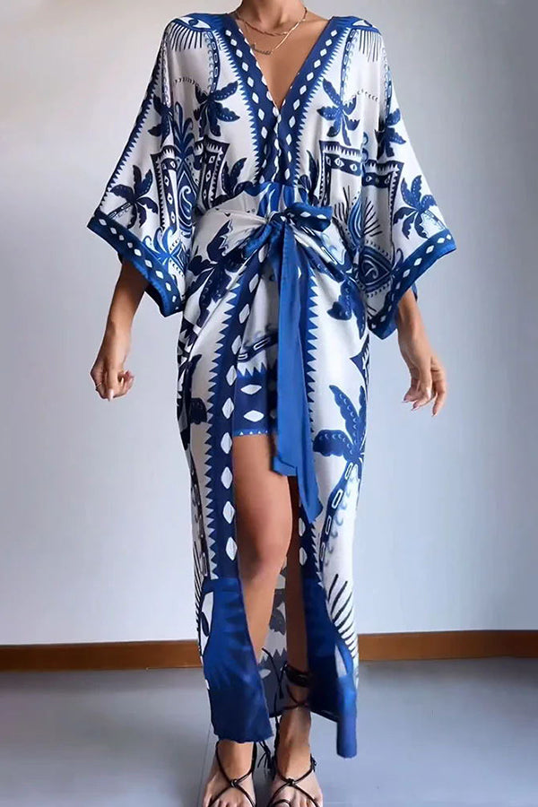 Chic Palm Tree Ethnic Print Fake Two Piece Lace Up Maxi Dress-consonak