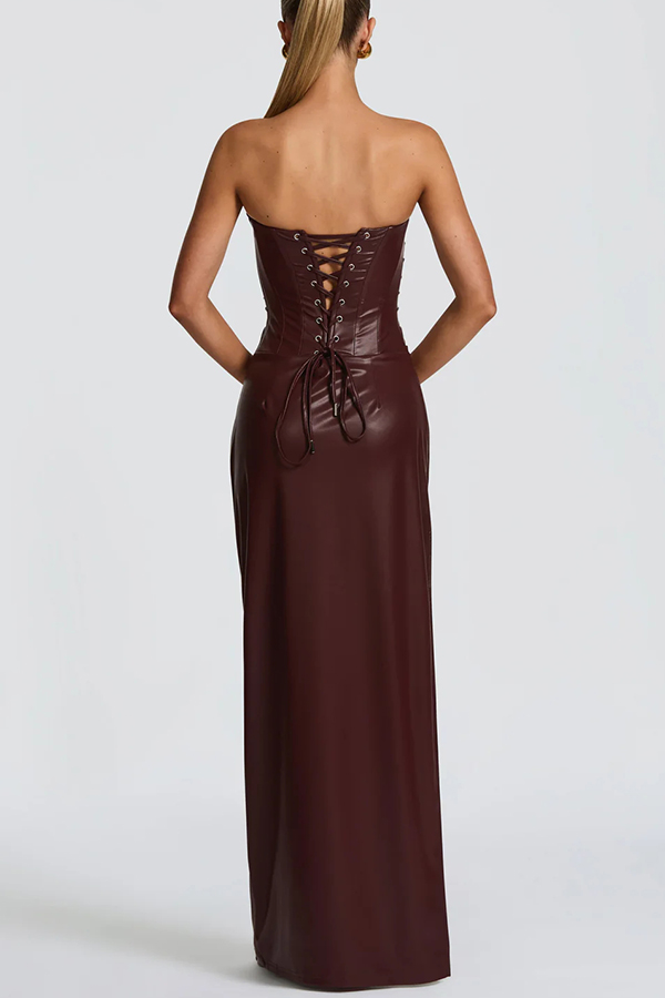 Alba Faux Leather Pleated Off Shoulder Neck Slit Stretch Maxi Dress-consonak