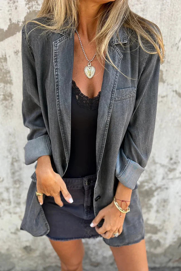 Fashionable Lapel Casual Loose Long Sleeve Denim Jacket-consonak