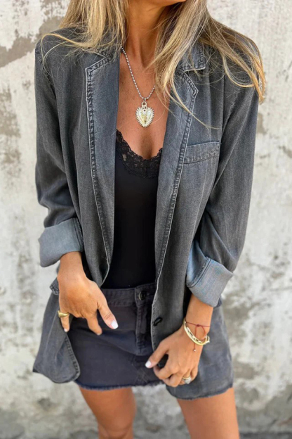Fashionable Lapel Casual Loose Long Sleeve Denim Jacket-consonak