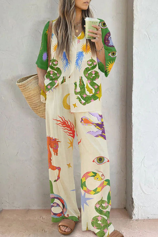 Reeves Linen Blend Unique Print Oversized Blouse and Elastic Waist Pocketed Wide Leg Pants Set-consonak