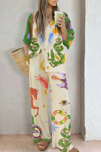 Reeves Linen Blend Unique Print Oversized Blouse and Elastic Waist Pocketed Wide Leg Pants Set-consonak