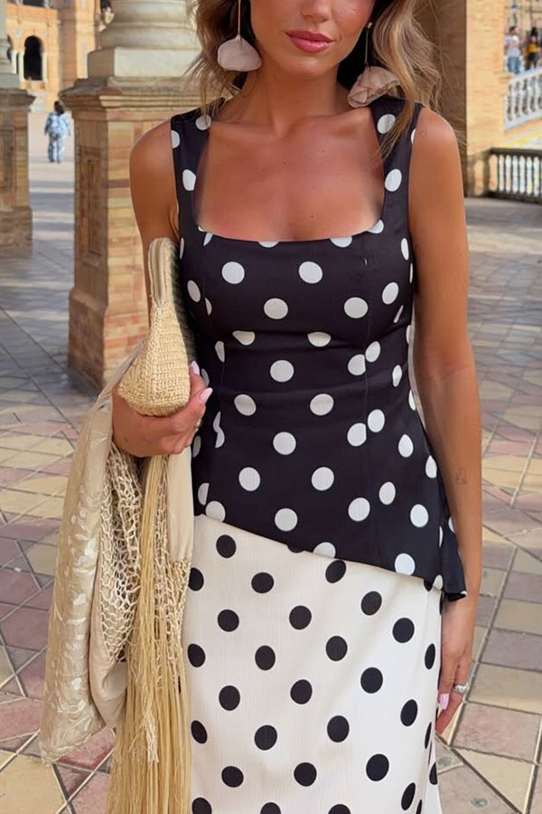 Andrea Contrast Polka Dot Print Square Neck Sleeveless Maxi Dress