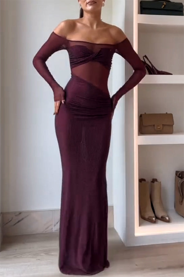 Forever Shimmering Sequin Mesh Patchwork Long Sleeve Strapless Stretch Maxi Dress-consonak