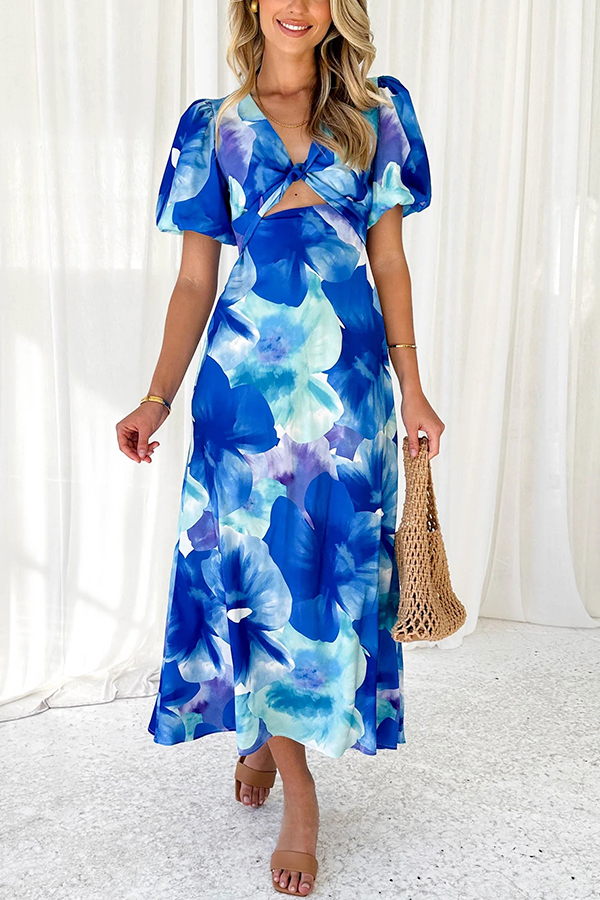 Sophia Floral Print Satin Puff Sleeve Twist Bust Cutout Midi Dress-consonak