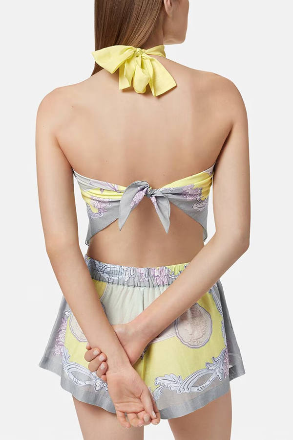 Amalfi Coast Satin Unique Print Scarf Top and Elastic Waist Pocket Loose Shorts Set-consonak