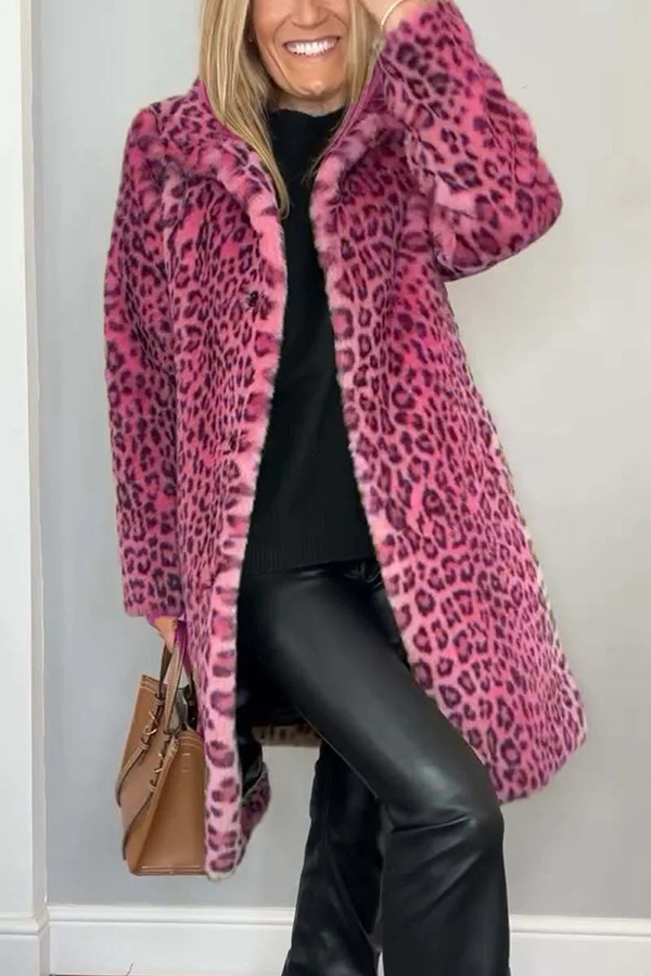 Leopard Print Lapel Long Sleeve Mid-length Plush Coat-consonak
