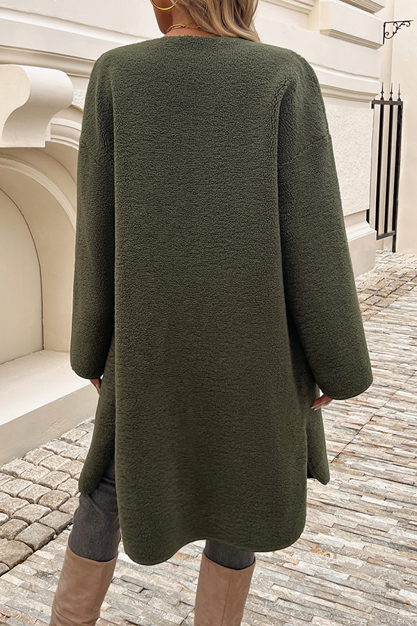 Solid Color Casual Cardigan Buttoned Pocket Mid-length Coat-consonak