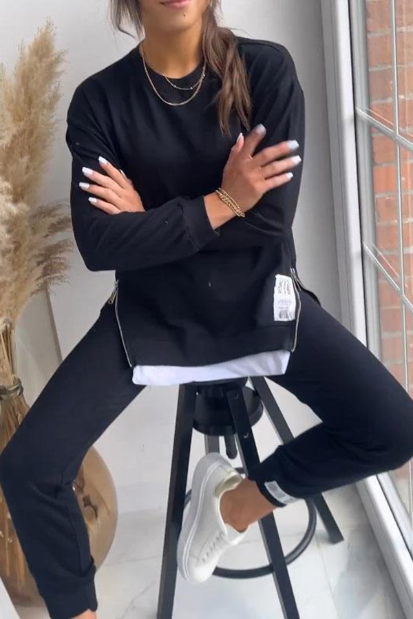 Solid Color Round Neck Long-sleeved Sweatshirt and Elastic Waist Pants Set-consonak