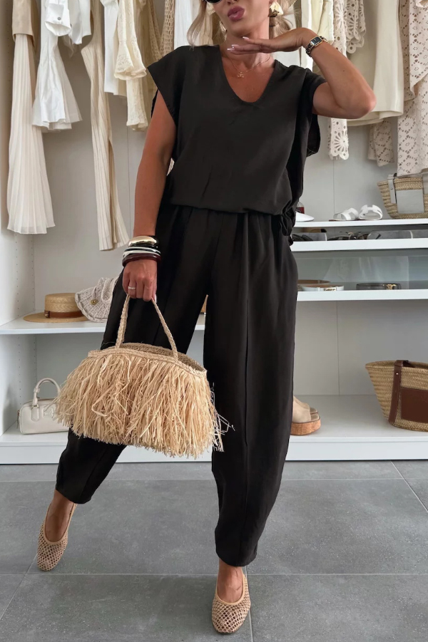 Linen Blend Solid Color V-neck Short-sleeved Top and Elastic Waist Pocket Bloomers Pants Set