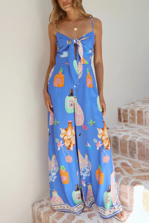 Perfume Bottle Print Strappy Fitted Waist Casual Pocket Wide-Leg Jumpsuit