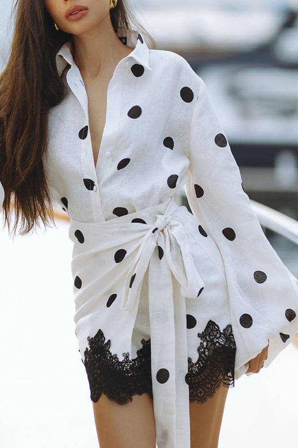 Lulabell Linen Blend Polka Dot Lantern Sleeve Shirt and Warp Tie-up Lace Trim Skirt Set-consonak