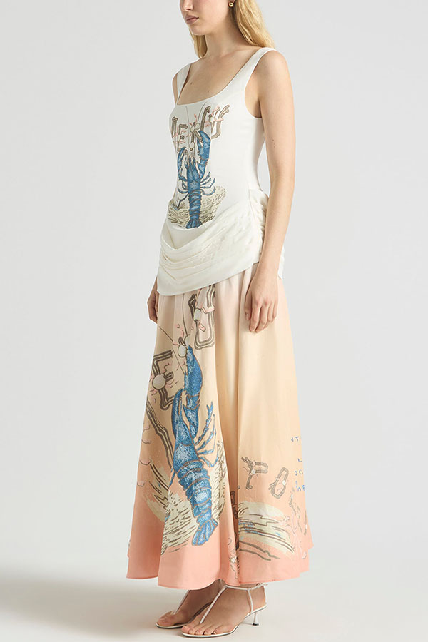 Jino Unique Lobster Print Square Neck Ruched Drape Hip Maxi Dress