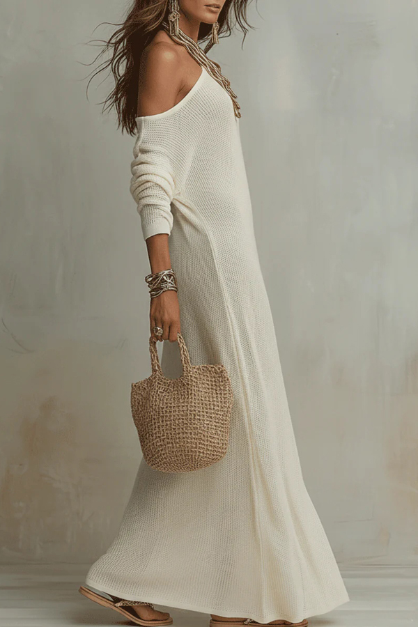 Solid Color Loose-fitting Slant Collar Long-sleeved Casual Slits Maxi Dress With