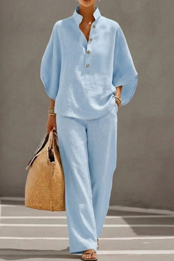 Linen Blend Solid Color Button-down Loose Top and Elastic Waist Pocket Casual Pants Set | Consonak