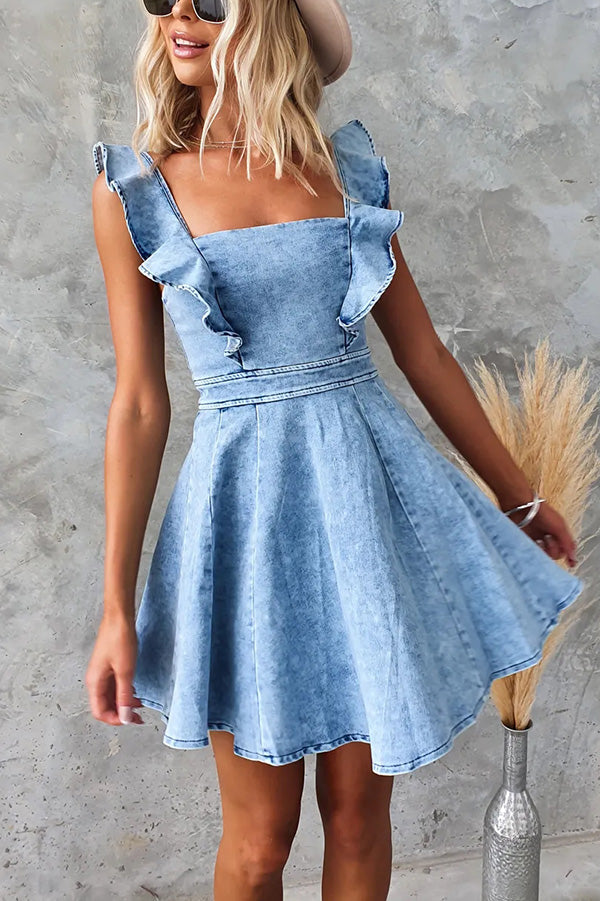 Sweet Secret Denim Square Neck Ruffle Sleeve Stretch Mini Dress-consonak