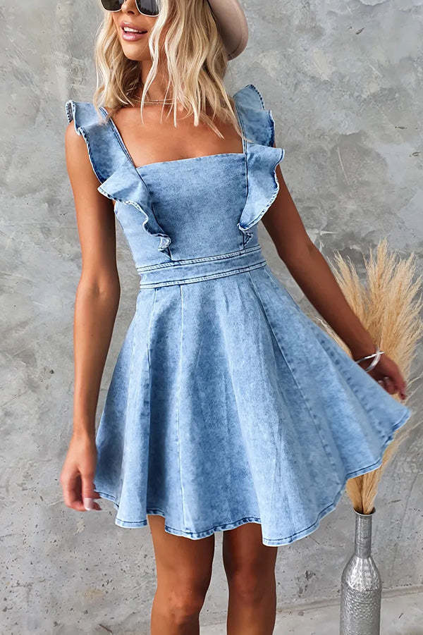 Sweet Secret Denim Square Neck Ruffle Sleeve Stretch Mini Dress-consonak