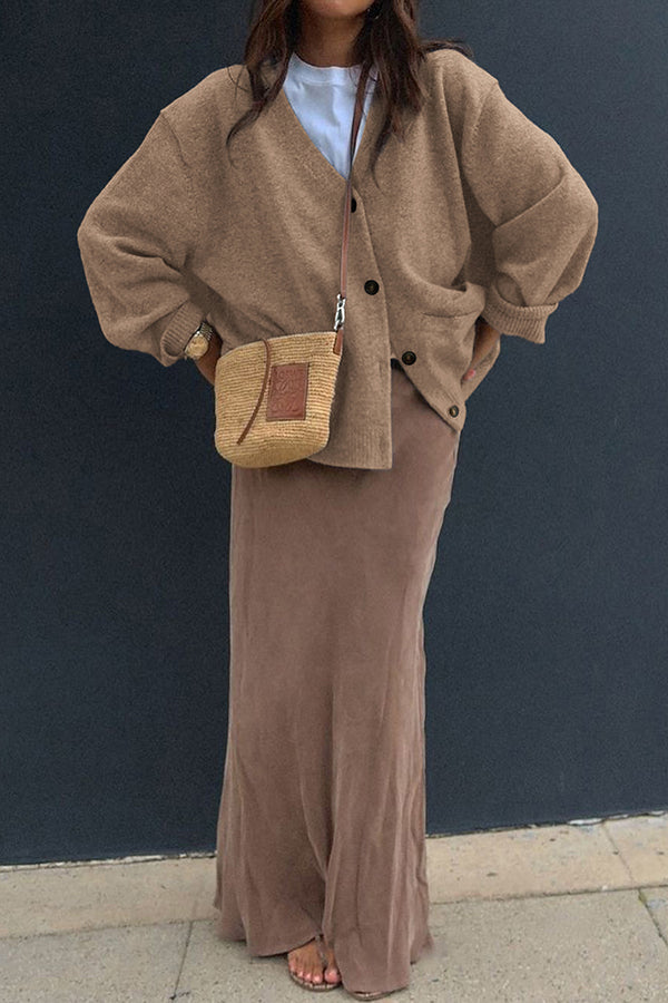 Solid Color V-Neck Button Casual Pocket Knit Cardigan-consonak