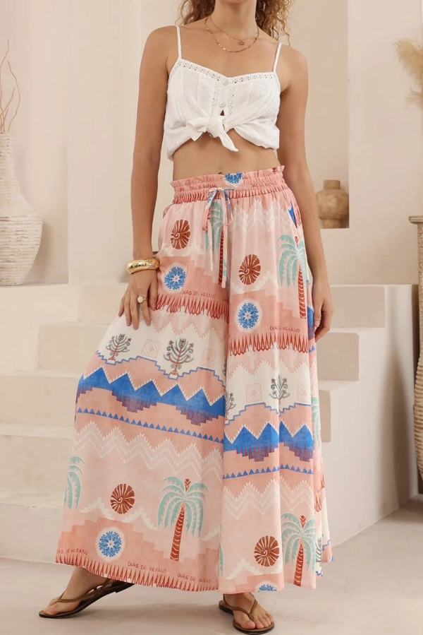 Resort-style Unique Printed Casual Stretch Waist Drawstring Pocket Wide-leg Pants