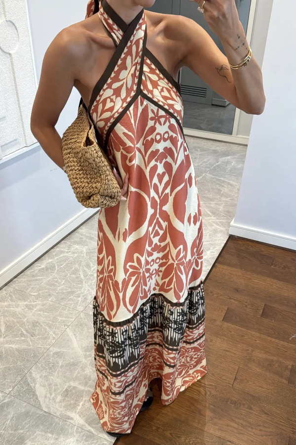 Bohemian Style Unique Print Halter Neck Casual Vacation Maxi Dress