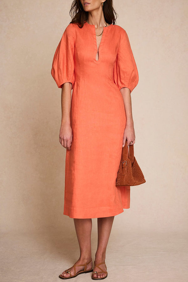 Verrah Linen Blend Key-hole Detail Neck Puff Half Sleeve Pocket Midi Dress
