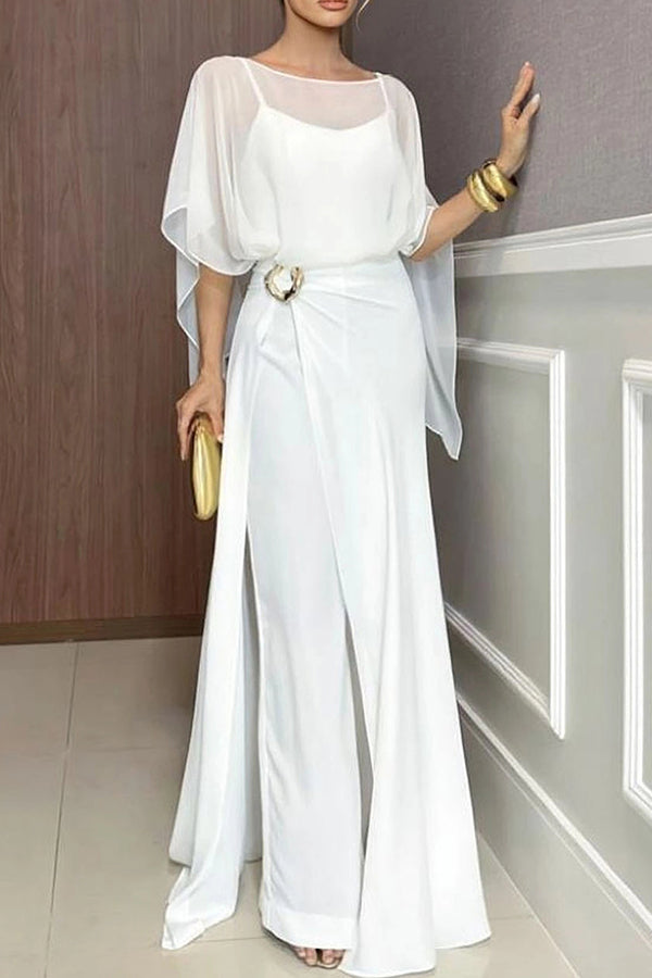 Vivian Chiffon Cape Top and  Metal Buckle Wrap Wide-Leg Pants Set