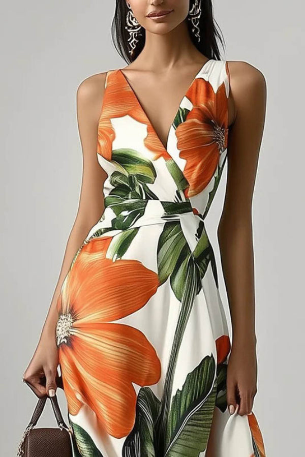 Floral Print V-neck Sleeveless Fitted Waist Vacation Maxi Dress | Consonak