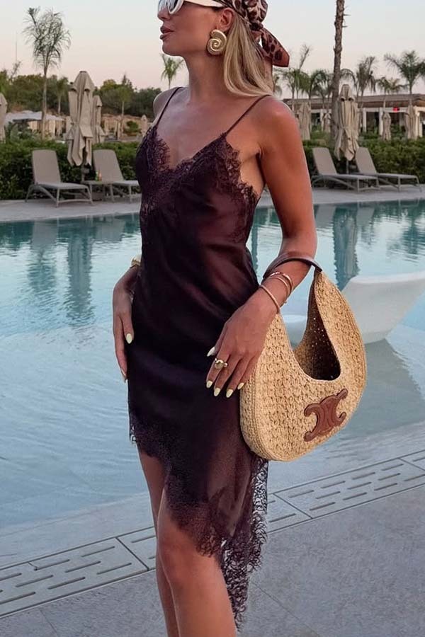 Elouise Satin Lace Trim V-neck Asymmetrical Hem Slip Mini Dress-consonak