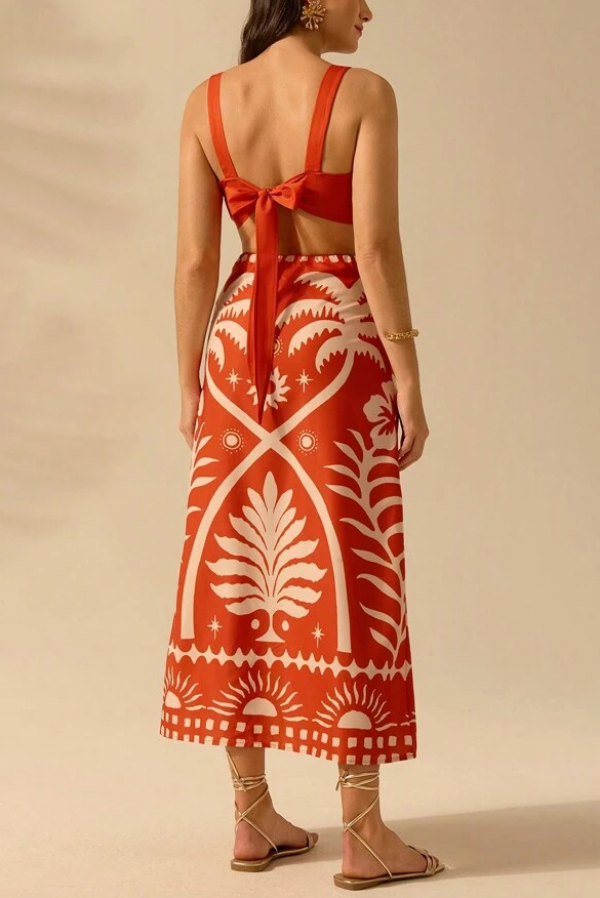 Holiday Print Square Neck Back Bow Top and Casual Maxi Skirt Set