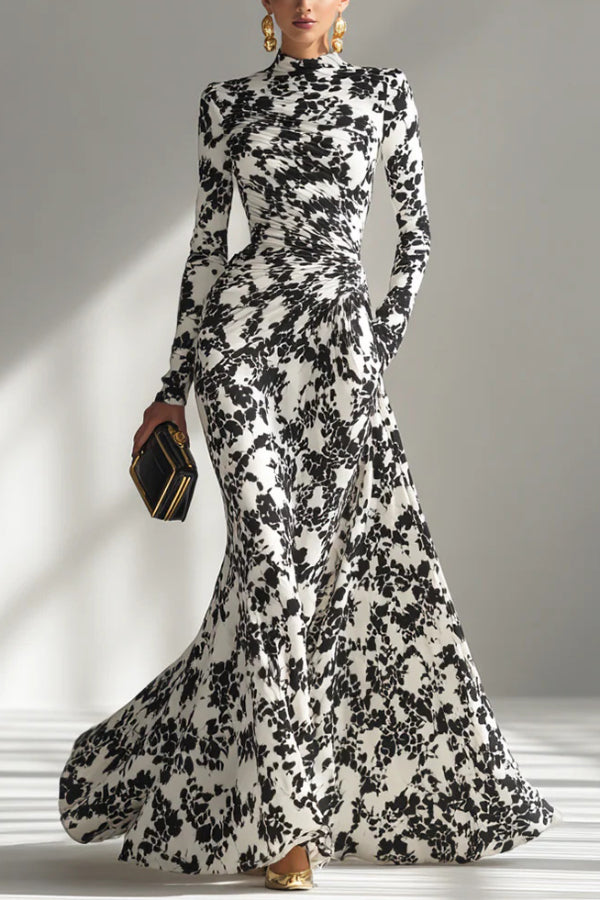 Black and White Color-blocked Printed Long-sleeved Pocket Slim-fit Pleated Maxi Dress-consonak