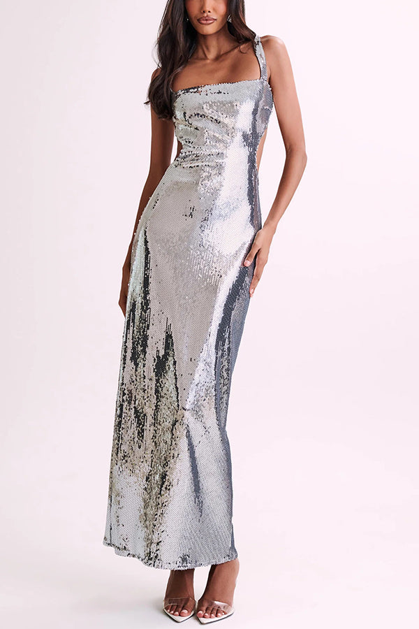 Eye Catching Sequin Cutout Waist Wide Strap Bacakless Maxi Dress | Consonak