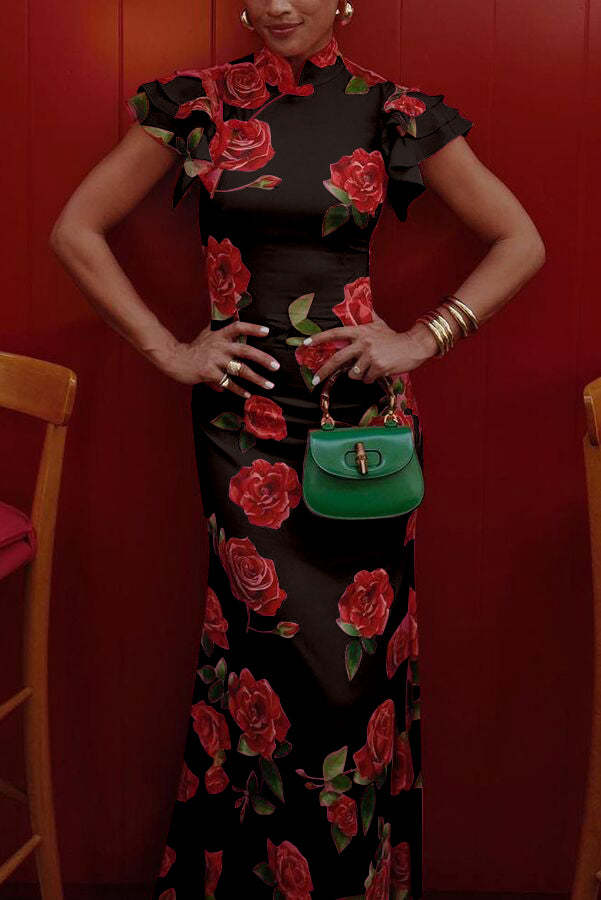 Elegant party cheongsam style rose print layered flared sleeve elastic long skirt-consonak