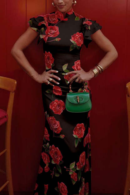 Elegant party cheongsam style rose print layered flared sleeve elastic long skirt-consonak