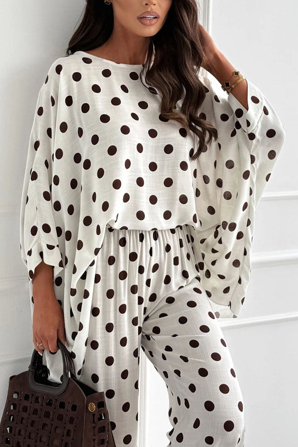 Verne Linen Blend Polka Dot Batwing Sleeve Top and Elastic Waist Pocket Loose Pants Set | Consonak