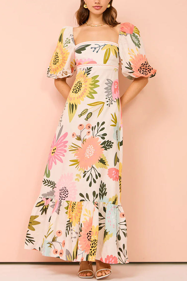 Looking for Sunshine Floral Print Square Neck Bubble Sleeve Maxi Dress-consonak