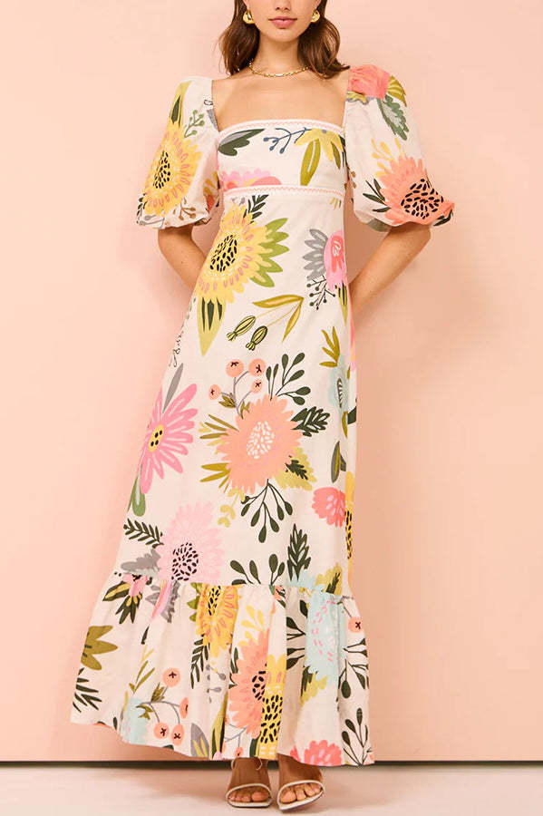 Looking for Sunshine Floral Print Square Neck Bubble Sleeve Maxi Dress-consonak