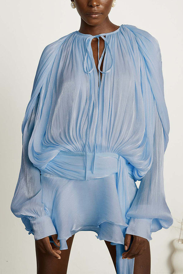 Solid Color Long-sleeved Belted Asymmetrical Mini Dress and Elastic Waist Casual Shorts Set-consonak