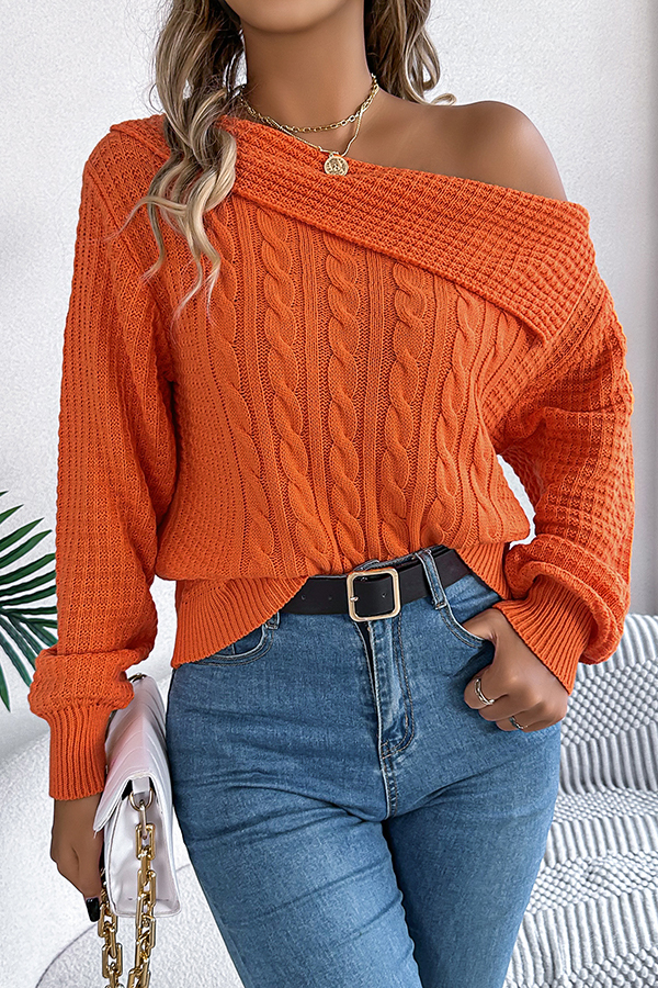 Solid Color Casual One Shoulder Long Sleeve Knitted Sweater-consonak