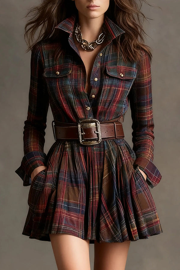 Plaid Print Lapel Long Sleeve Fitted Waist Pocket Casual Mini Dress | Consonak