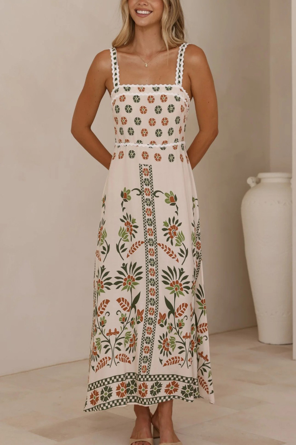 Floral Print Sleeveless Square Neck Casual Vacation Maxi Dress-consonak