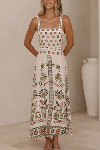 Floral Print Sleeveless Square Neck Casual Vacation Maxi Dress