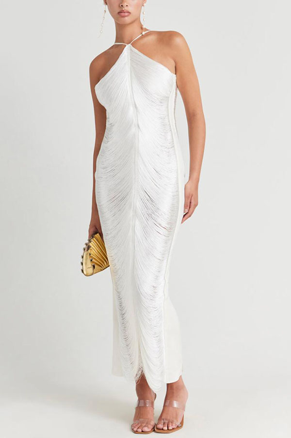 Sexy Allnight Metallic Halterneck Backless Fringed Slit Maxi Dress | Consonak