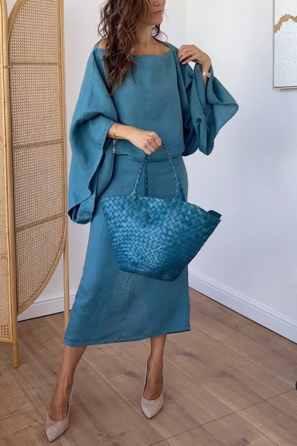 Stacie Linen Blend Wide Neck Batwing Sleeves Tie-up Waist H-line Maxi Dress